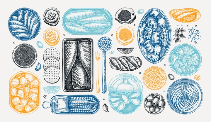 Seafood drawings in color. Hand-drawn tinned fish sketches. Sardines, anchovy, mackerel, tuna, mussels in tin cans, fish canapes, olives, crackers collection. Food vector illustration set